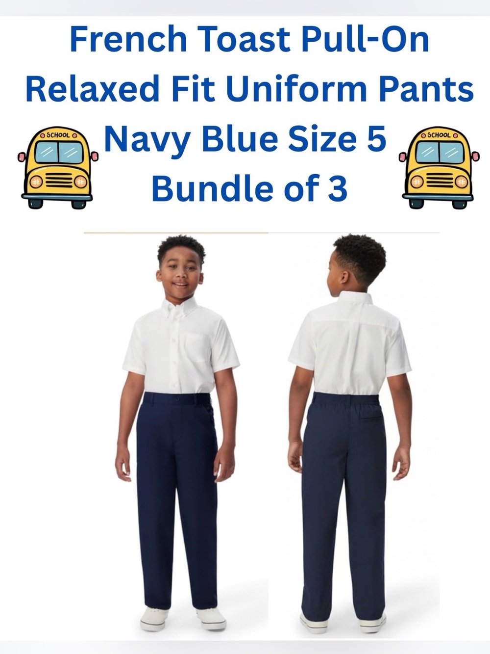 French Toast Pull-On Relaxed Fit Uniform Pants - Navy Blue - Size 5 -Bundle of 3